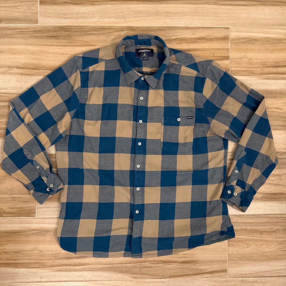 Chubbies Mens XXL Blue Tan Buffalo Plaid Flannel Button Down Shirt Pineapple